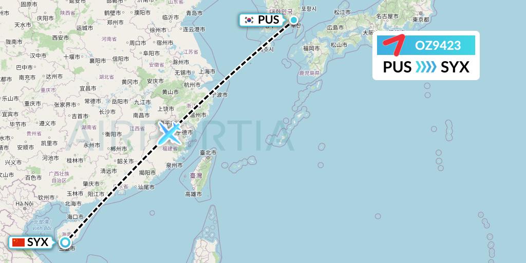 OZ9423 Asiana Airlines Flight Map: Busan to Sanya