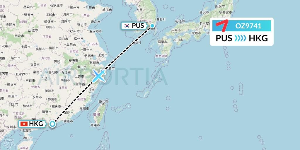 OZ9741 Asiana Airlines Flight Map: Busan to Hong Kong
