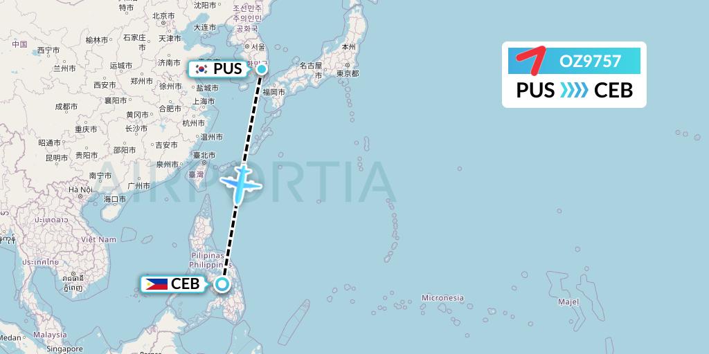 OZ9757 Asiana Airlines Flight Map: Busan to Cebu