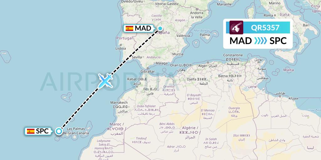 QR5357 Qatar Airways Flight Map: Madrid to La Palma