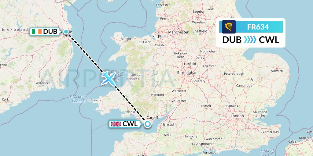 FR634 Ryanair Flight Map: Dublin to Cardiff