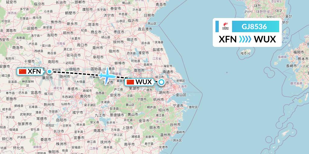 GJ8536 Loong Airlines Flight Map: Xiangyang to Wuxi