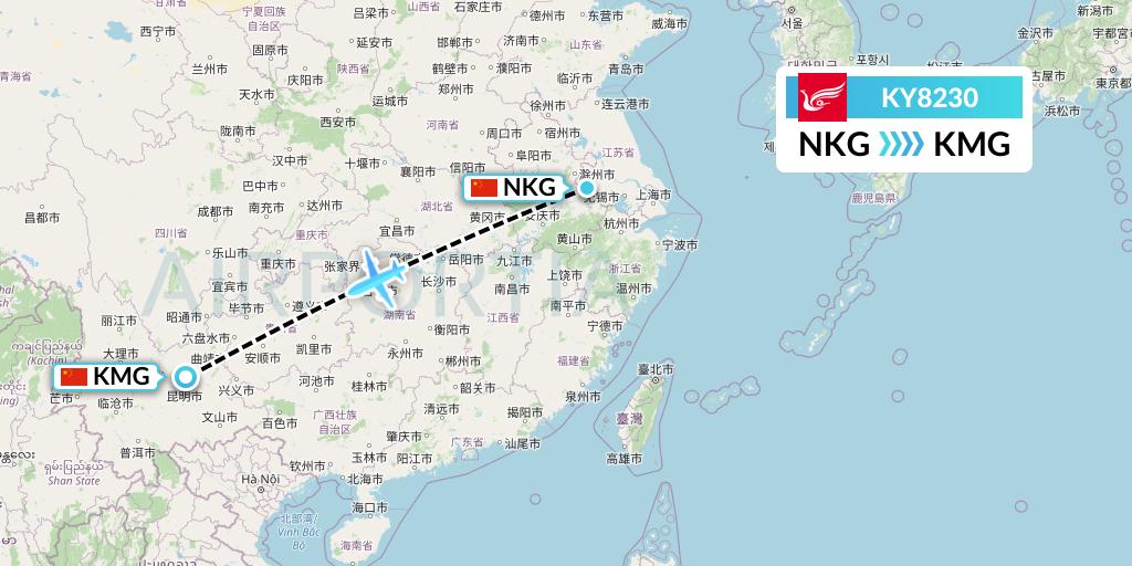 KY8230 Kunming Airlines Flight Map: Nanjing to Kunming