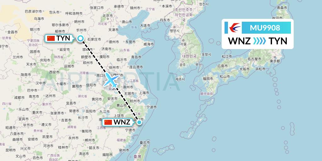 MU9908 China Eastern Airlines Flight Map: Wenzhou to Taiyuan