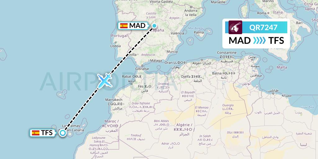 QR7247 Qatar Airways Flight Map: Madrid to Tenerife