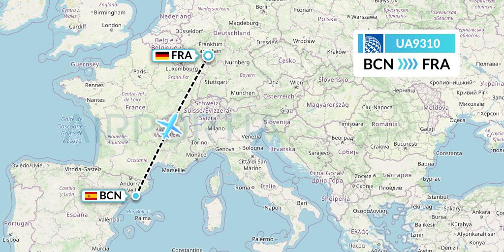 UA9310 United Airlines Flight Map: Barcelona to Frankfurt