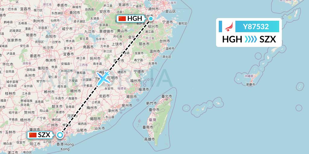 Y87532 Yangtze River Express Flight Map: Hangzhou to Shenzhen
