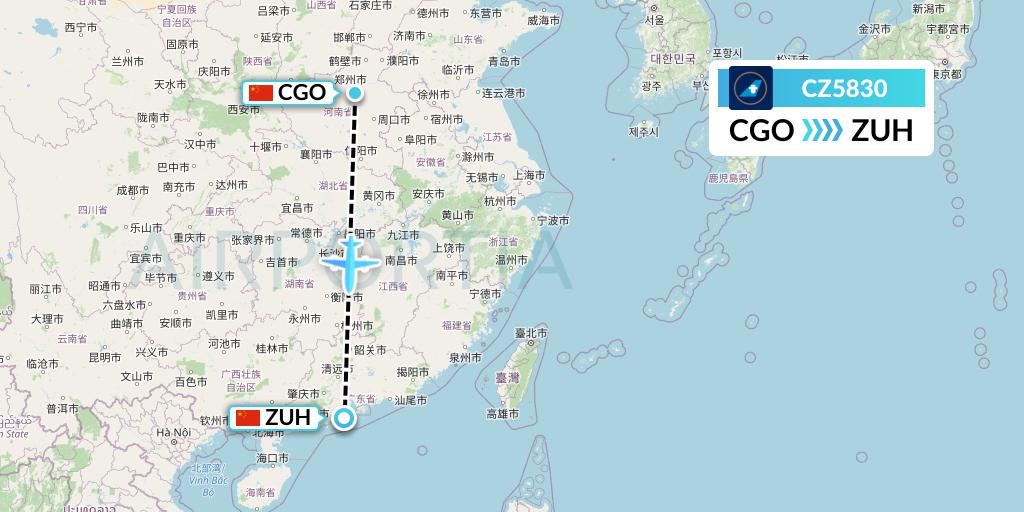 CZ5830 China Southern Airlines Flight Map: Zhengzhou to Zhuhai