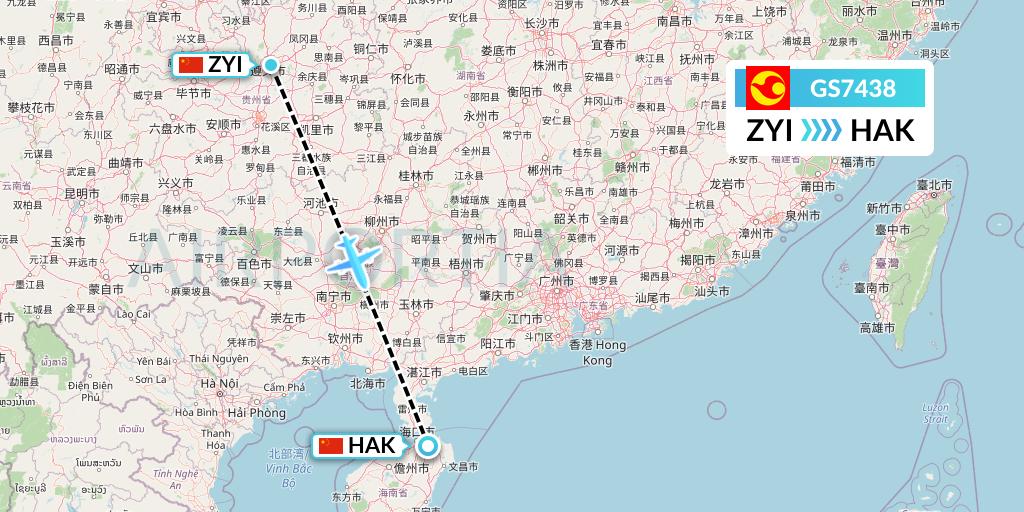 GS7438 Tianjin Airlines Flight Map: Zunyi to Haikou