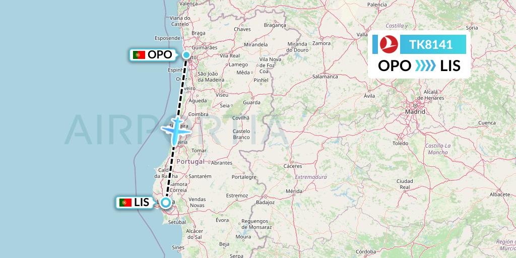 TK8141 Turkish Airlines Flight Map: Porto to Lisbon