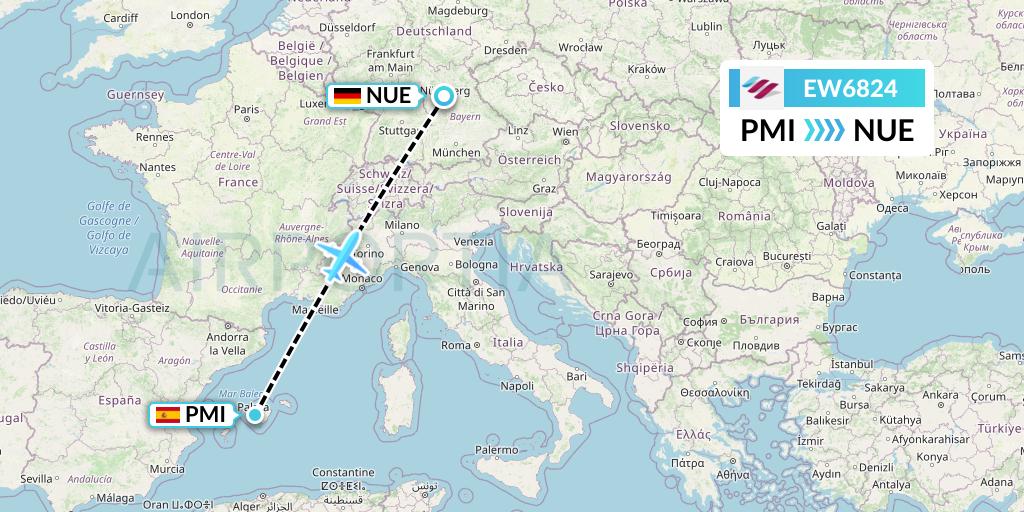 EW6824 Eurowings Flight Map: Palma de Mallorca to Nurnberg