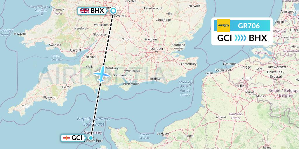 GR706 Aurigny Air Services Flight Map: Guernsey to Birmingham