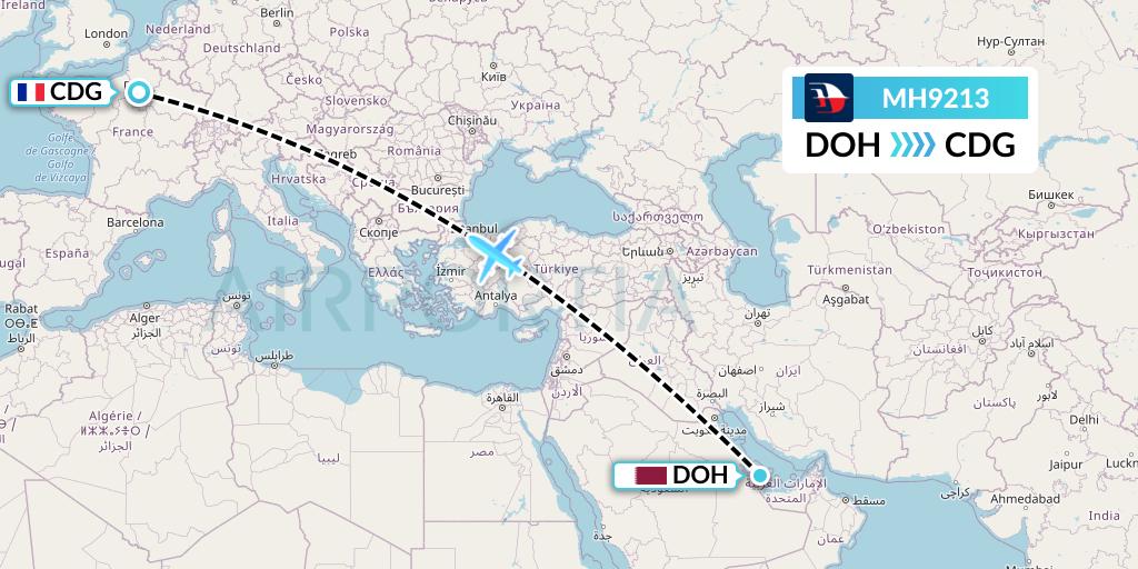 MH9213 Malaysia Airlines Flight Map: Doha to Paris