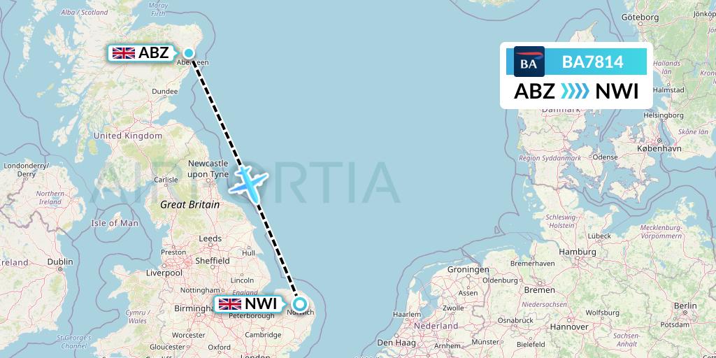 BA7814 British Airways Flight Map: Aberdeen to Norwich