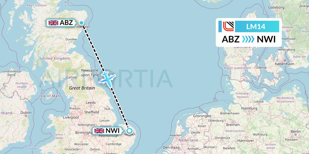LM14 Loganair Flight Map: Aberdeen to Norwich