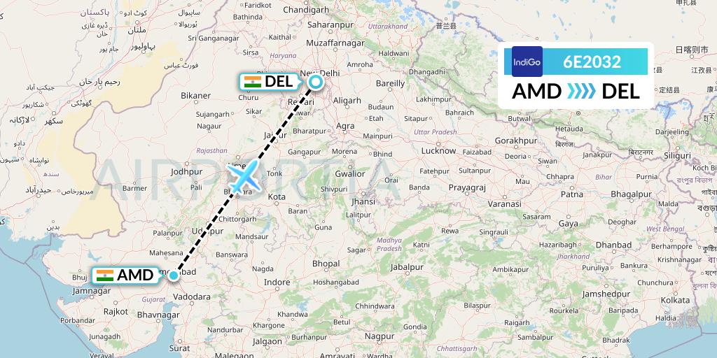 6E2032 IndiGo Airlines Flight Map: Ahmedabad to Delhi