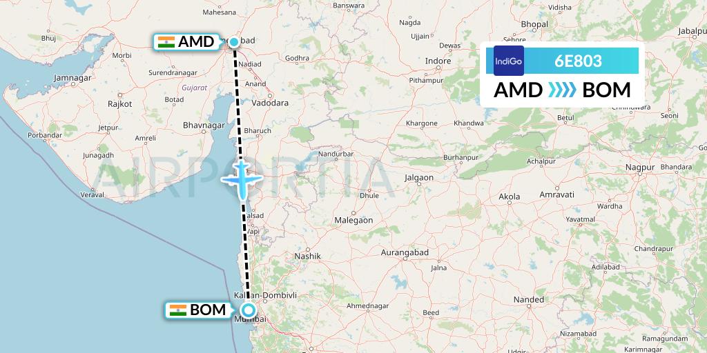 6E803 IndiGo Airlines Flight Map: Ahmedabad to Mumbai