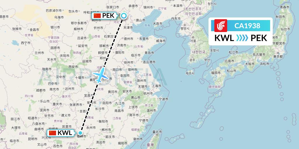 CA1938 Air China Flight Map: Guilin to Beijing