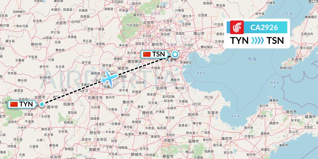 CA2926 Air China Flight Map: Taiyuan to Tianjin