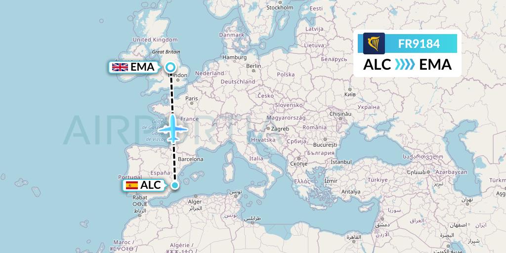 FR9184 Ryanair Flight Map: Alicante to East Midlands