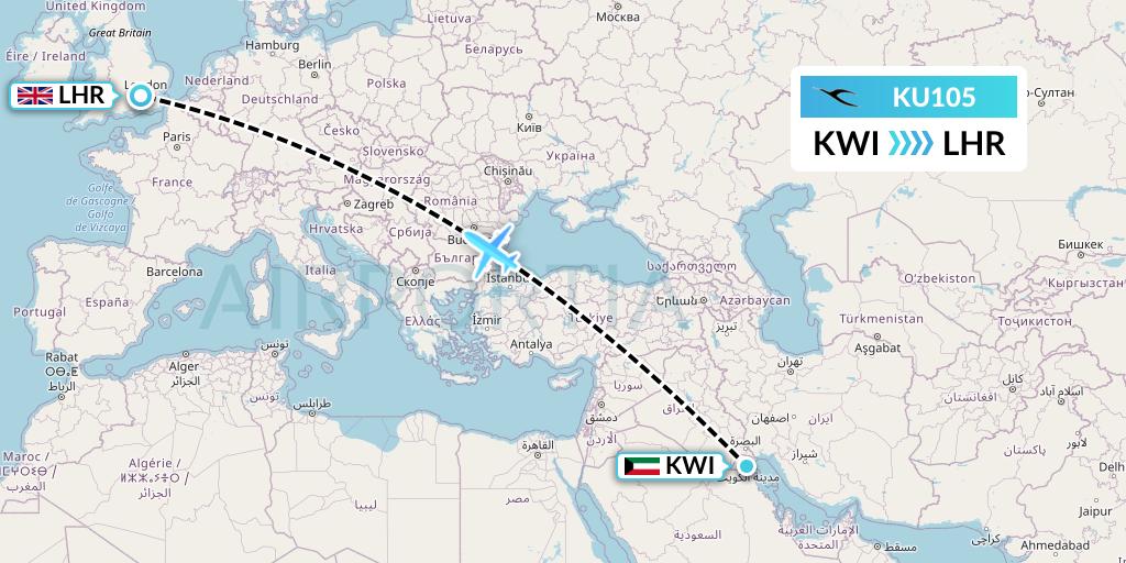 KU105 Kuwait Airways Flight Map: Kuwait City to London