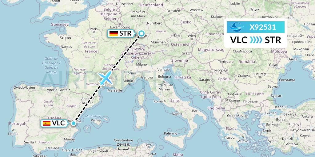 X92531 Avion Express Flight Map: Valencia to Stuttgart