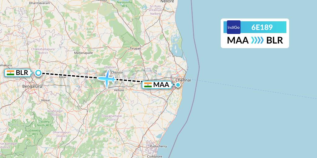6E189 IndiGo Airlines Flight Map: Chennai to Bangalore