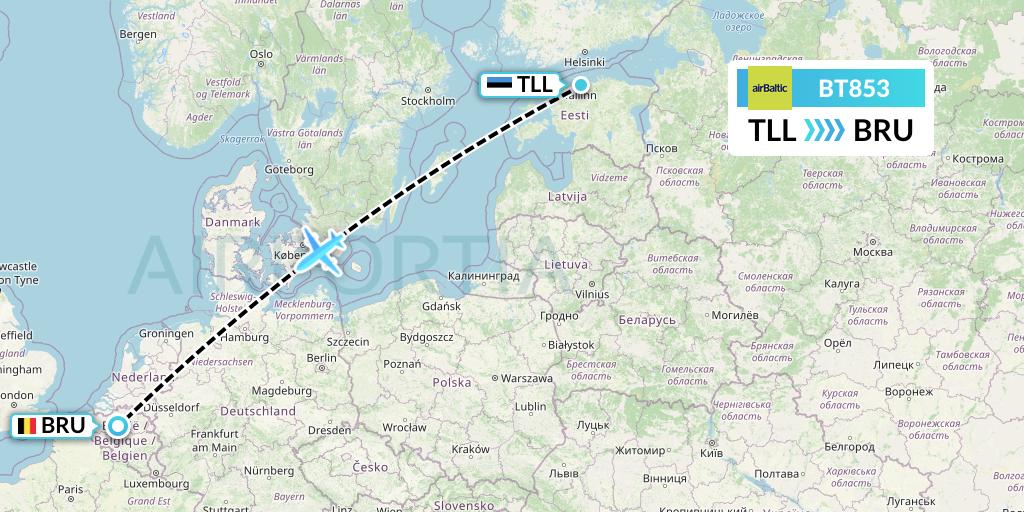 BT853 Air Baltic Flight Map: Tallinn to Brussels