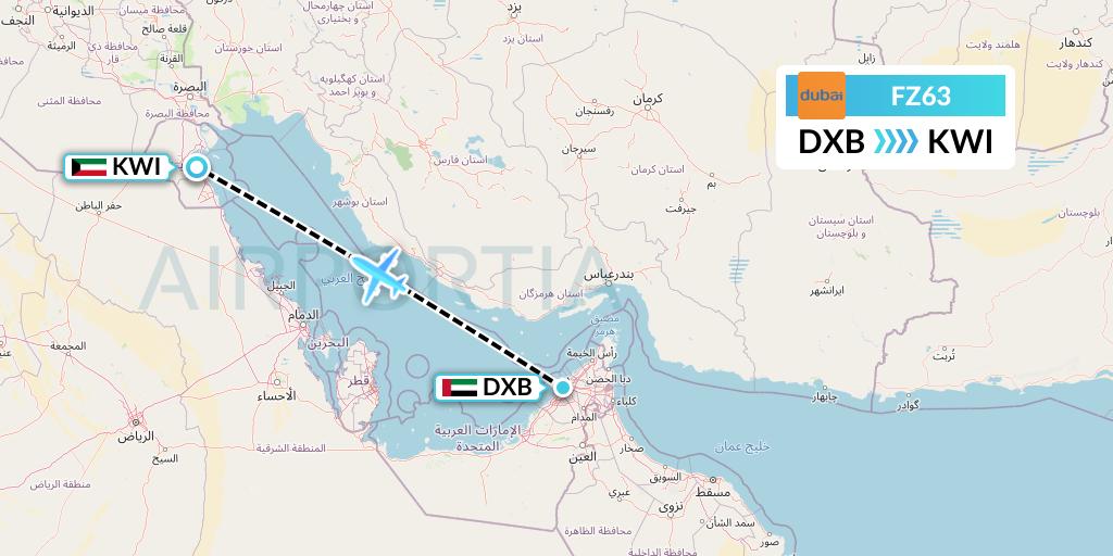 FZ63 FlyDubai Flight Map: Dubai to Kuwait City