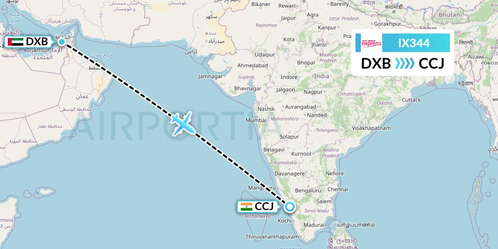 IX344 Air India Express Flight Map: Dubai to Kozhikode