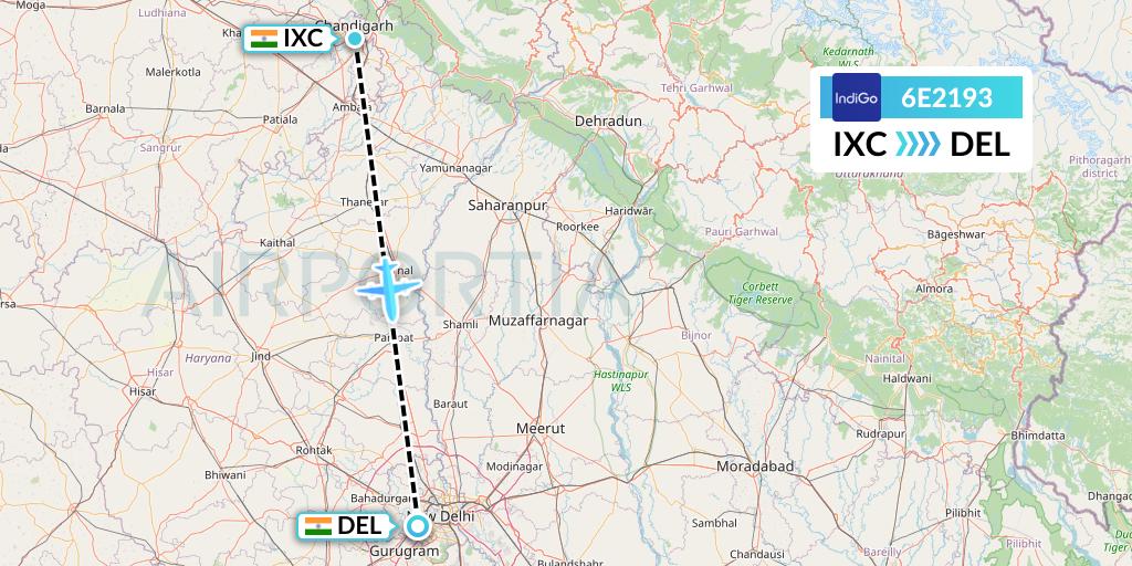 6E2193 IndiGo Airlines Flight Map: Chandigarh to Delhi