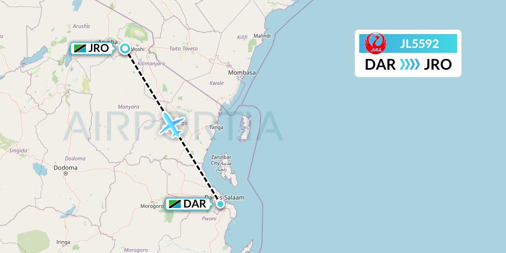JL5592 Japan Airlines Flight Map: Dar-es-Salaam to Kilimanjaro