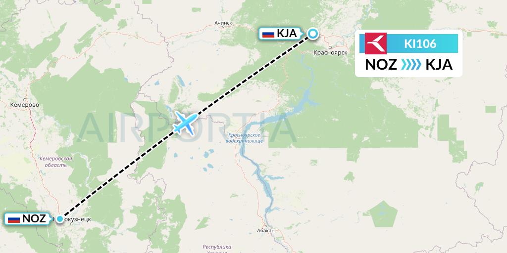 KI106 Krasavia Flight Map: Novokuznetsk to Krasnoyarsk