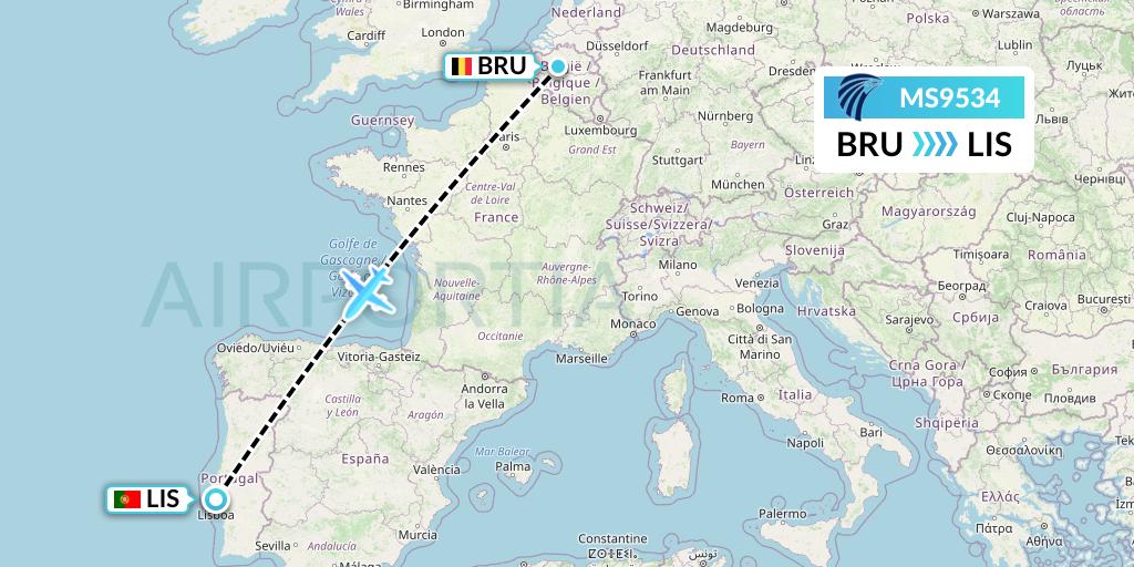 MS9534 EgyptAir Flight Map: Brussels to Lisbon