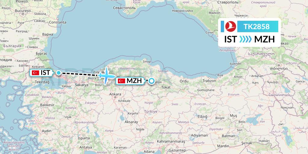 TK2858 Turkish Airlines Flight Map: Istanbul to Merzifon