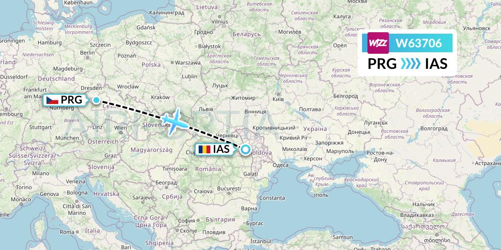 W63706 Wizz Air Flight Map: Prague to Iasi