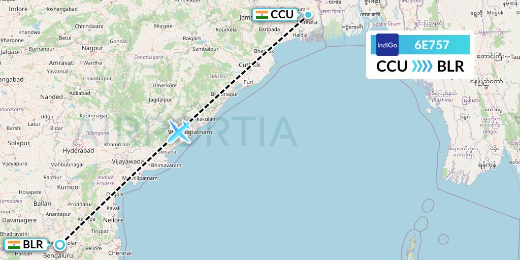 6E757 IndiGo Airlines Flight Map: Kolkata to Bangalore