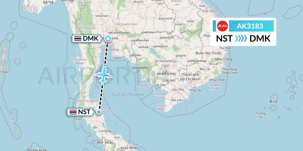 AK3183 AirAsia Flight Map: Nakhon Si Thammarat to Bangkok