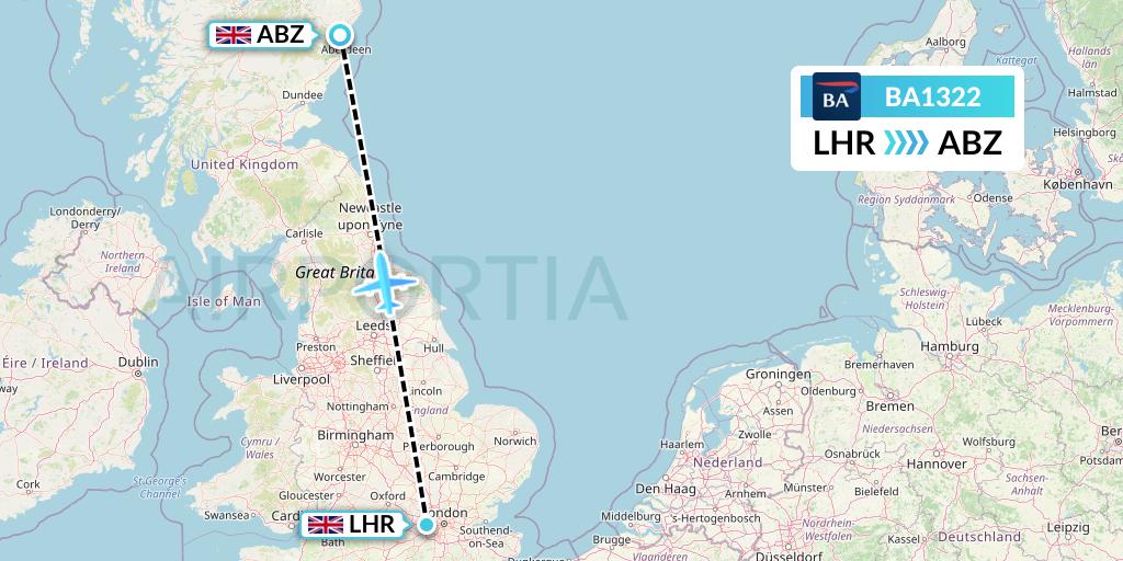 BA1322 British Airways Flight Map: London to Aberdeen