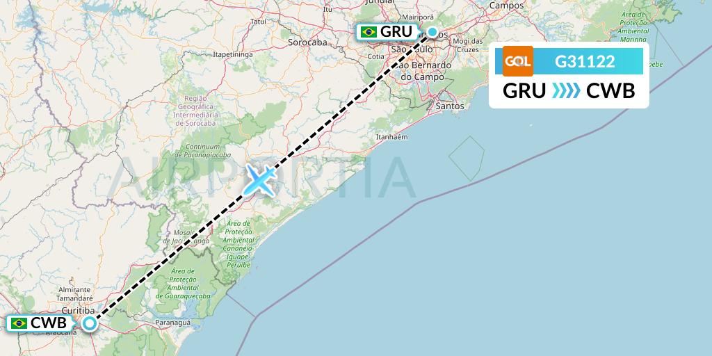 G31122 GOL Transportes Aeros Flight Map: Sao Paulo to Curitiba