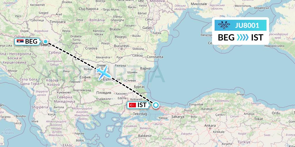 JU8001 AirSERBIA Flight Map: Belgrade to Istanbul