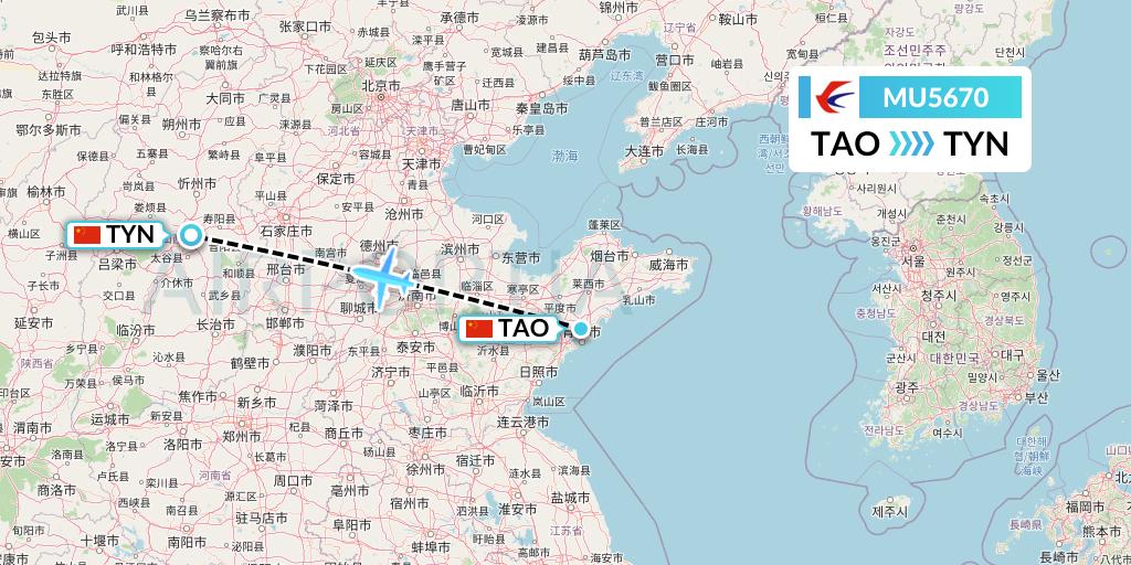 MU5670 China Eastern Airlines Flight Map: Qingdao to Taiyuan