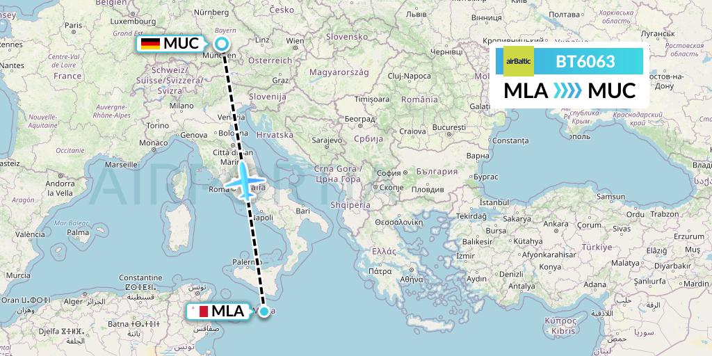 BT6063 Air Baltic Flight Map: Malta to Munich