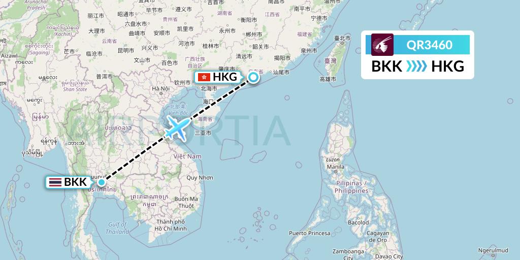 QR3460 Qatar Airways Flight Map: Bangkok to Hong Kong