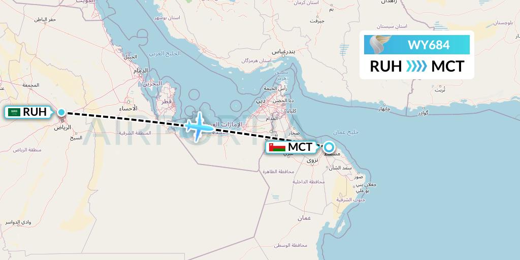 WY684 Oman Air Flight Map: Riyadh to Muscat