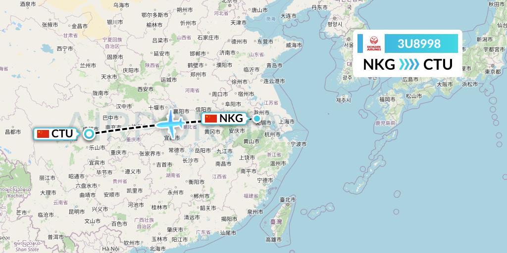 3U8998 Sichuan Airlines Flight Map: Nanjing to Chengdu