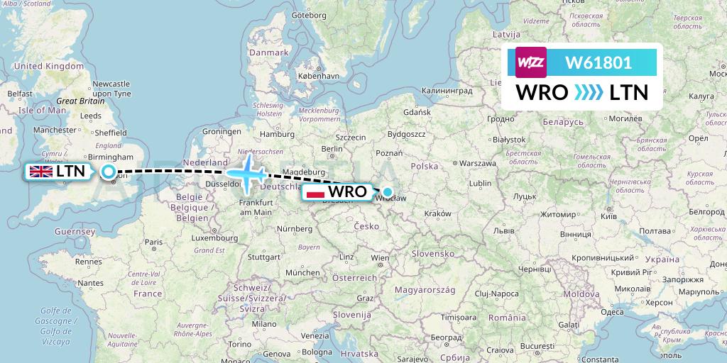 W61801 Wizz Air Flight Map: Wroclaw to London