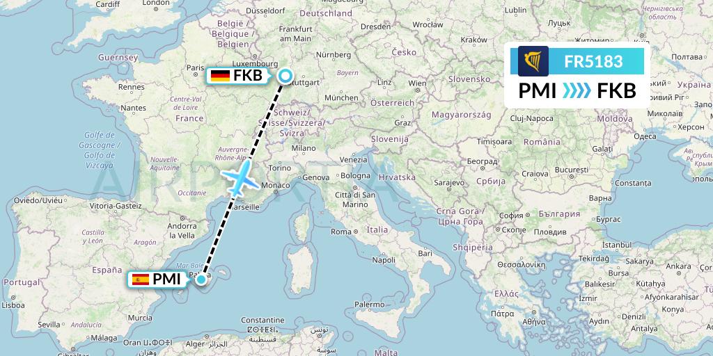 FR5183 Ryanair Flight Map: Palma de Mallorca to Karlsruhe/Baden-Baden