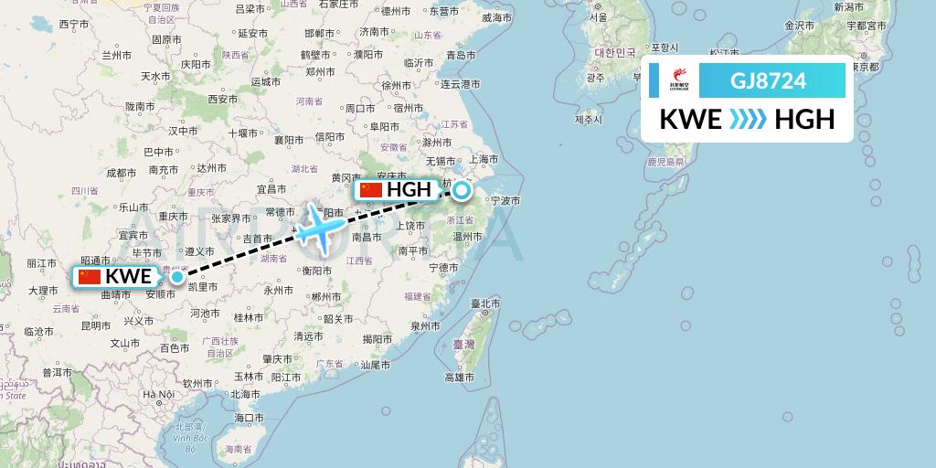 GJ8724 Loong Airlines Flight Map: Guiyang to Hangzhou