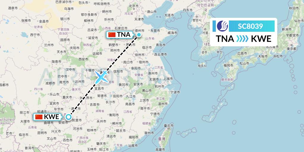 SC8039 Shandong Airlines Flight Map: Jinan to Guiyang